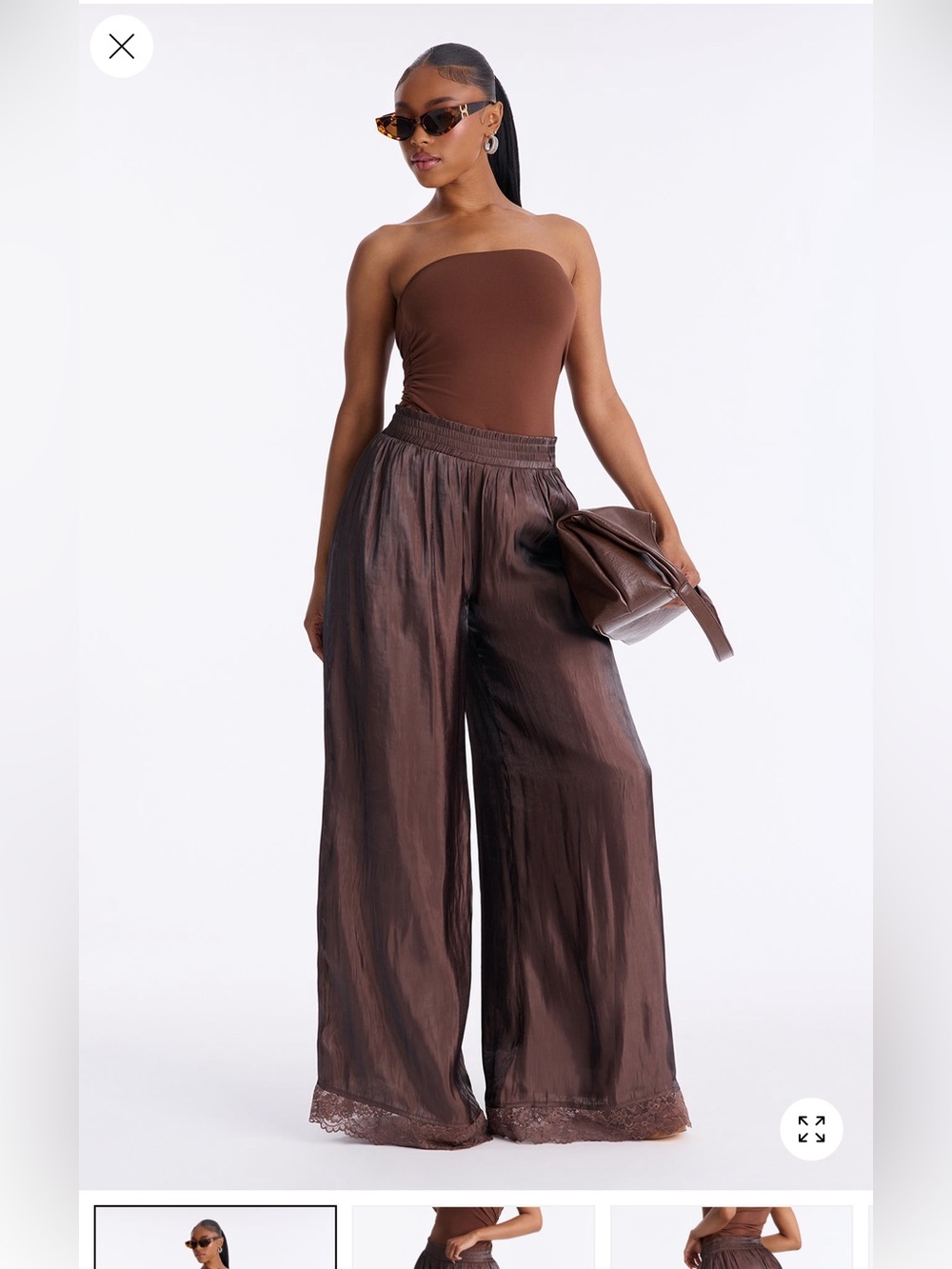Fashion Nova brown wide leg pants with lace detail at the bottom size Large